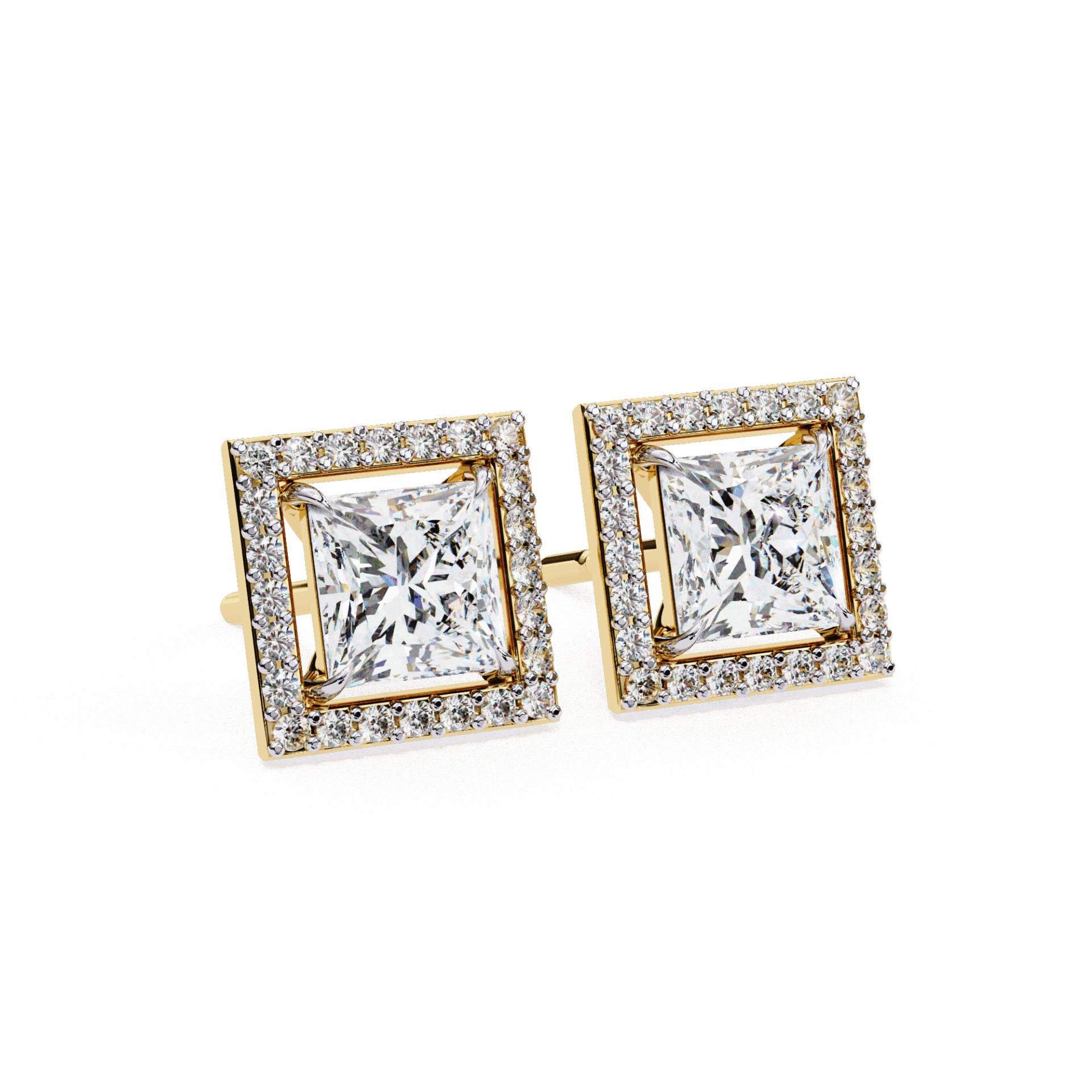 0.8 Carat Princess and Round Halo Stud Earrings in Moissanite | House of Estara