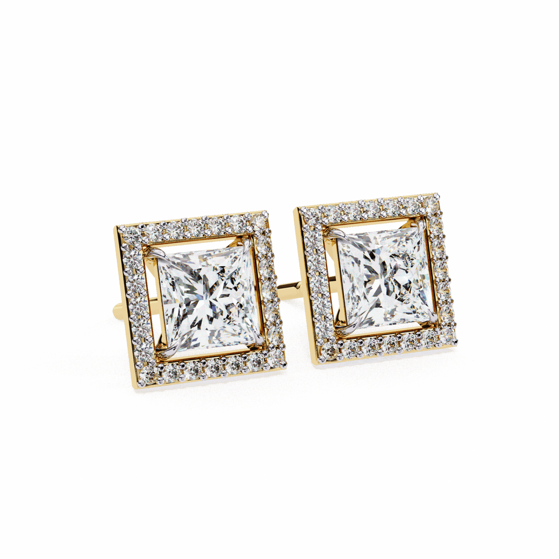 0.8 Carat Princess and Round Halo Stud Earrings in Moissanite | House of Estara