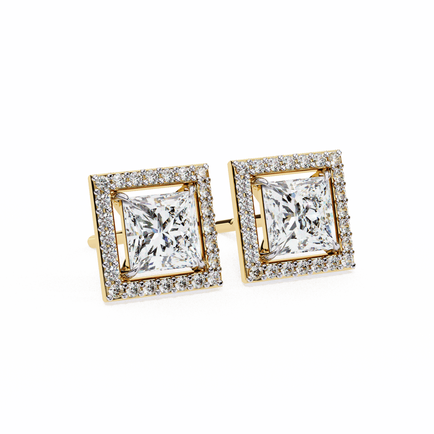 0.8 Carat Princess and Round Halo Stud Earrings in Moissanite | House of Estara