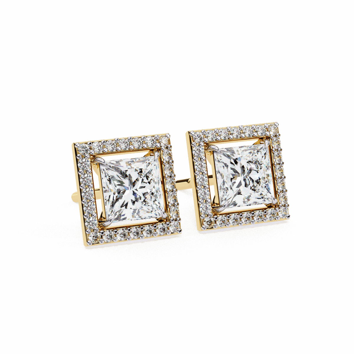 0.8 Carat Princess and Round Halo Stud Earrings in Moissanite | House of Estara