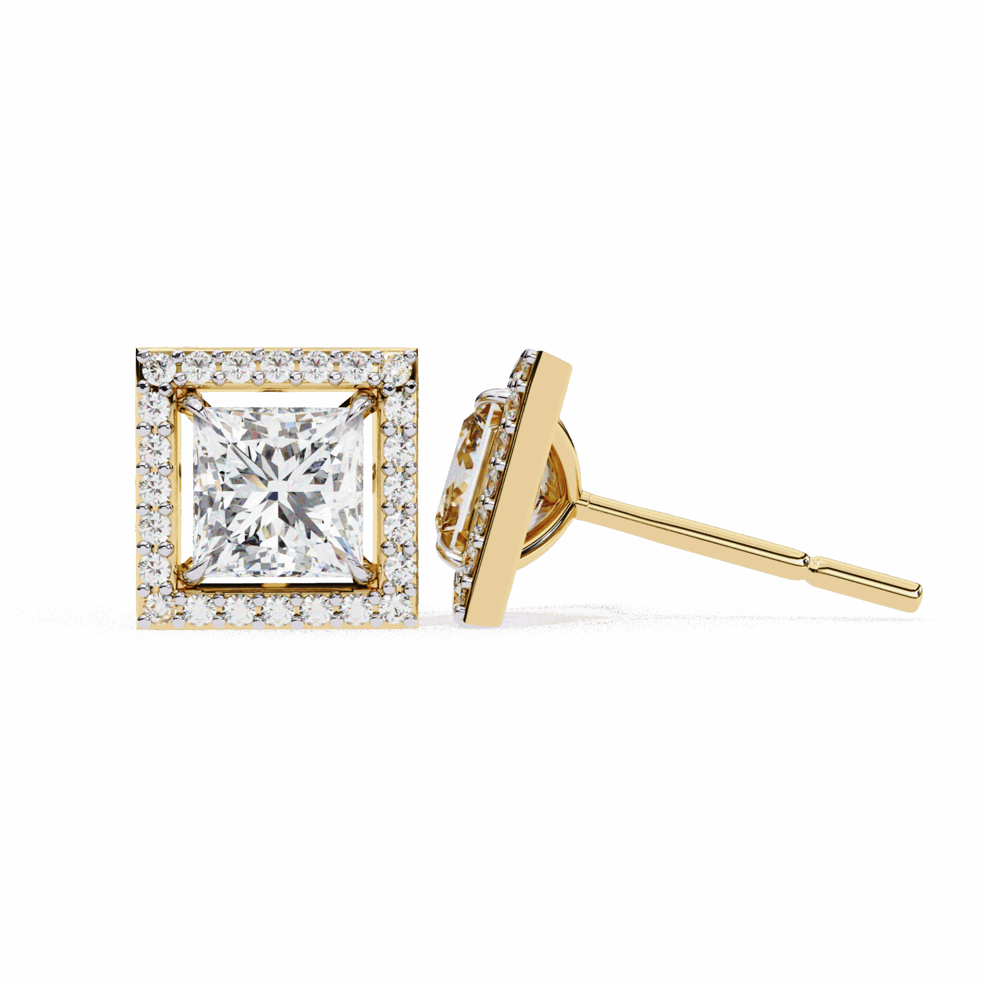 0.8 Carat Princess and Round Halo Stud Earrings in Moissanite | House of Estara