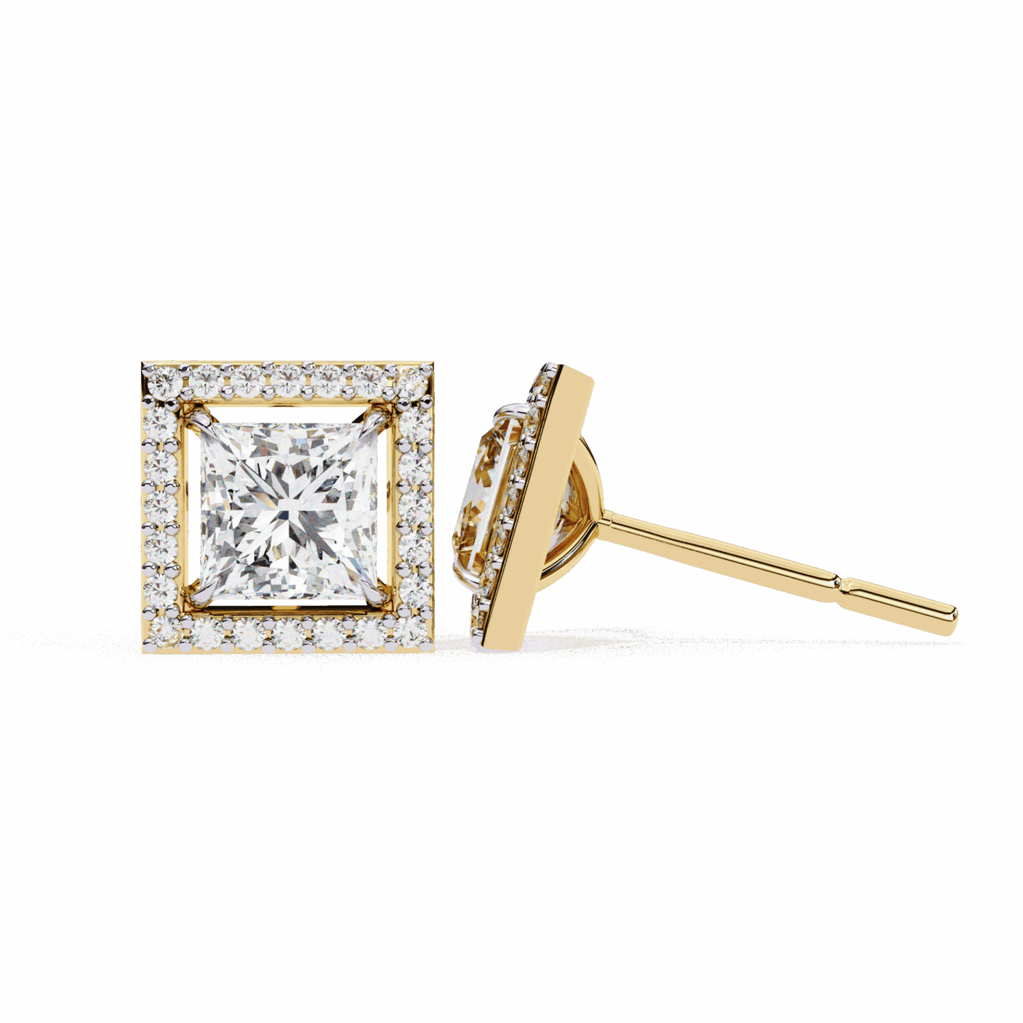 0.8 Carat Princess and Round Halo Stud Earrings in Moissanite | House of Estara