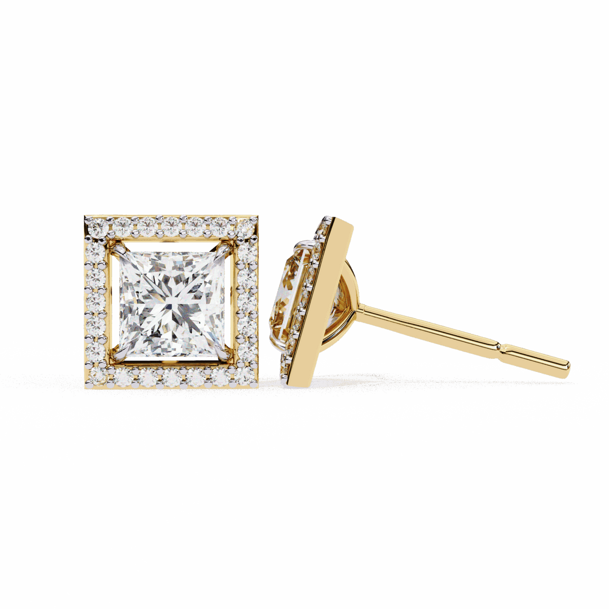 0.8 Carat Princess and Round Halo Stud Earrings in Moissanite | House of Estara