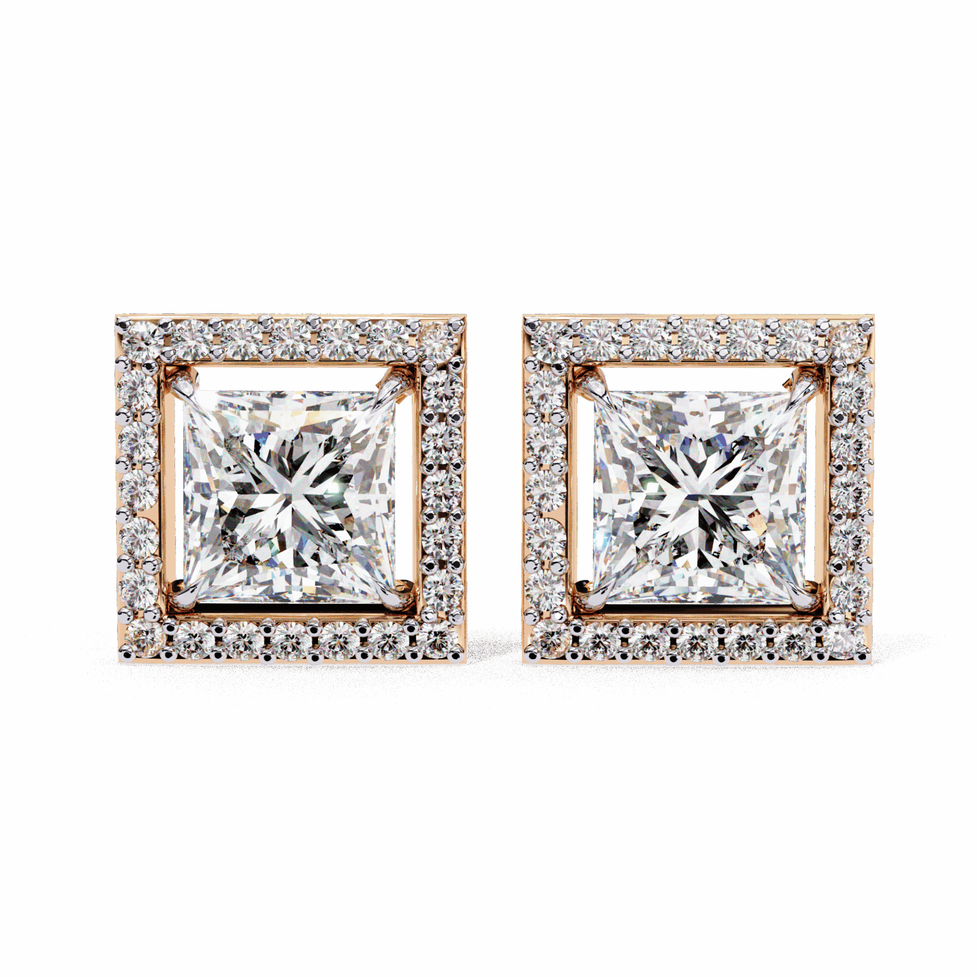 0.8 Carat Princess and Round Halo Stud Earrings in Moissanite | House of Estara