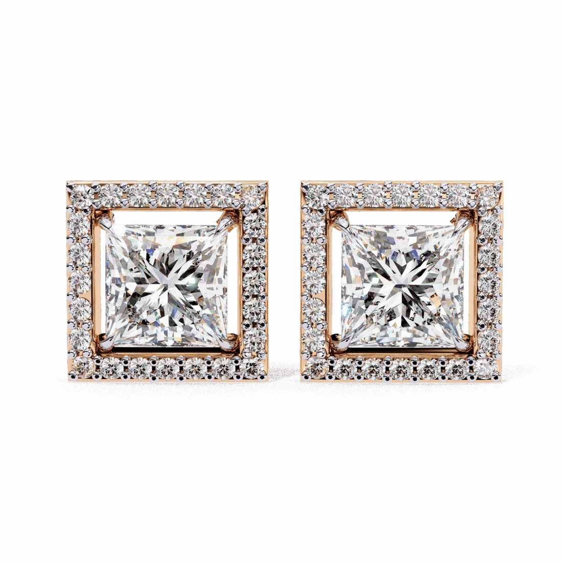 0.8 Carat Princess and Round Halo Stud Earrings in Moissanite | House of Estara