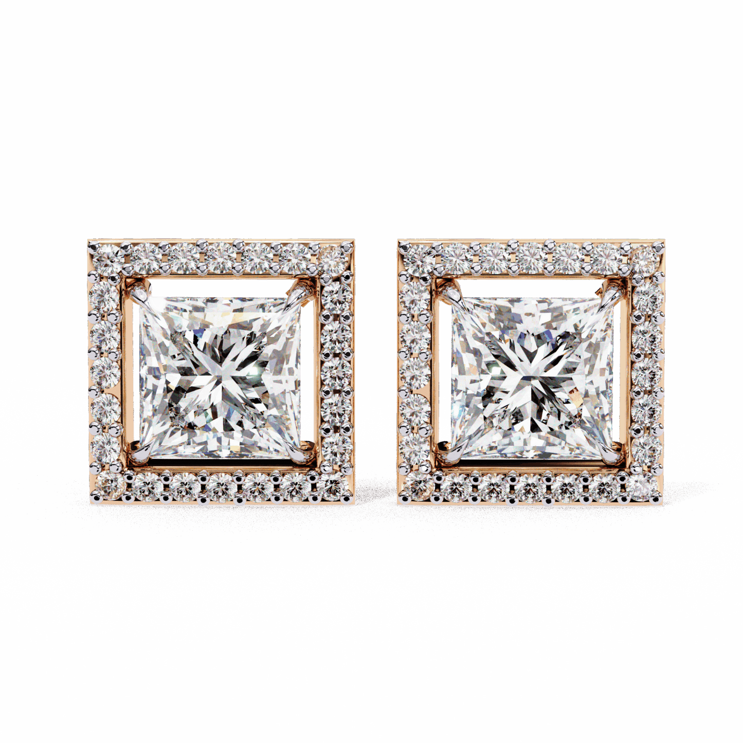 0.8 Carat Princess and Round Halo Stud Earrings in Moissanite | House of Estara