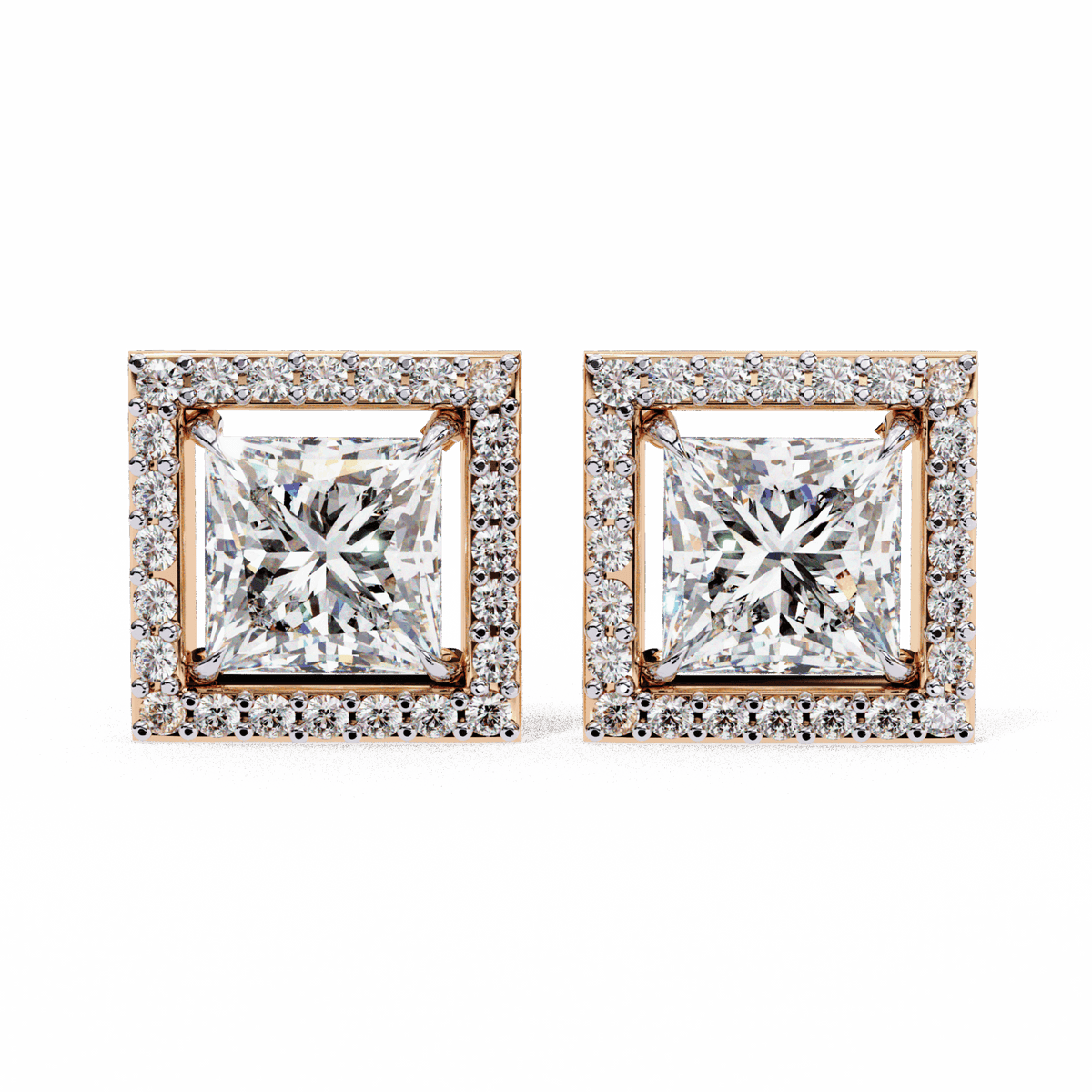 0.8 Carat Princess and Round Halo Stud Earrings in Moissanite | House of Estara