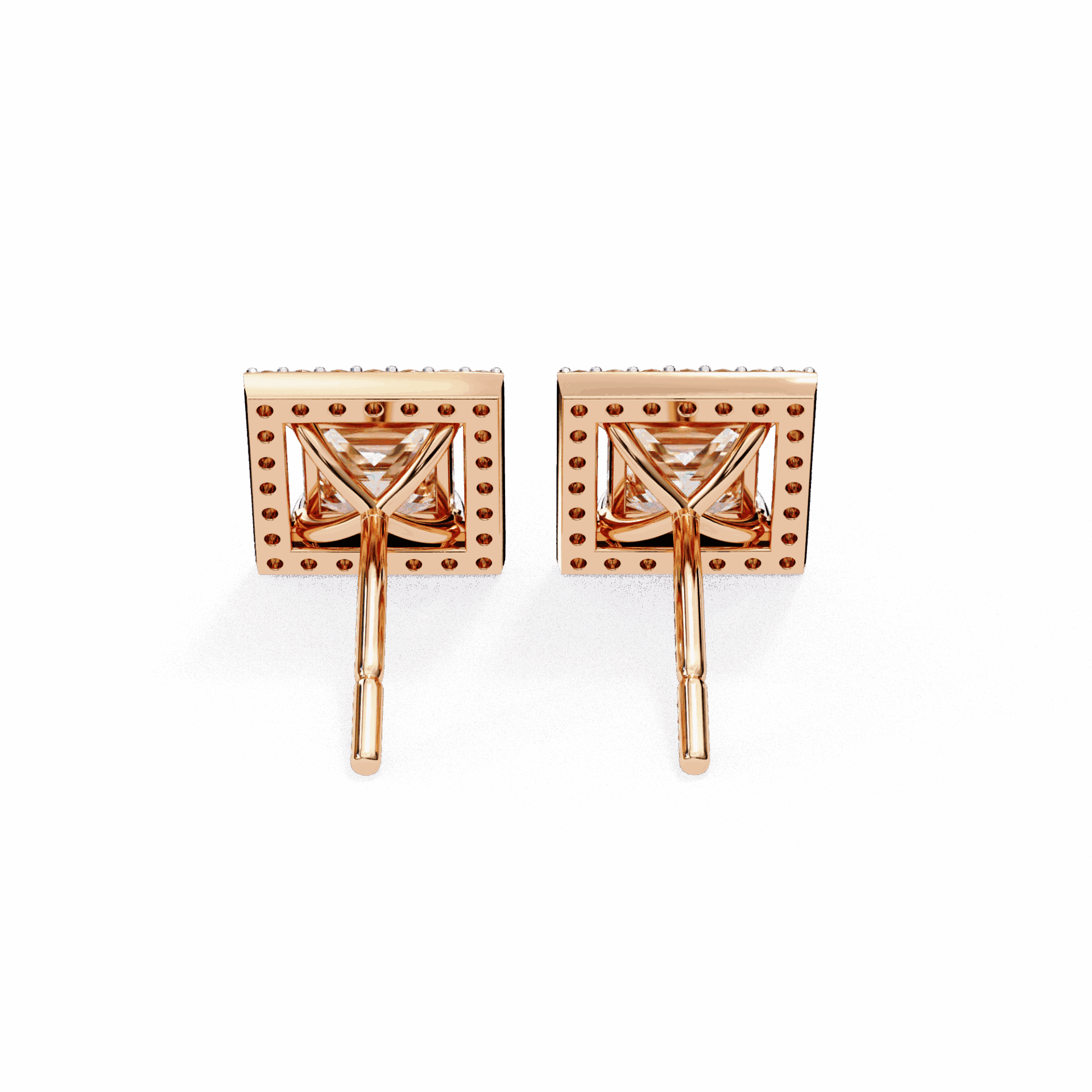 0.8 Carat Princess and Round Halo Stud Earrings in Moissanite | House of Estara