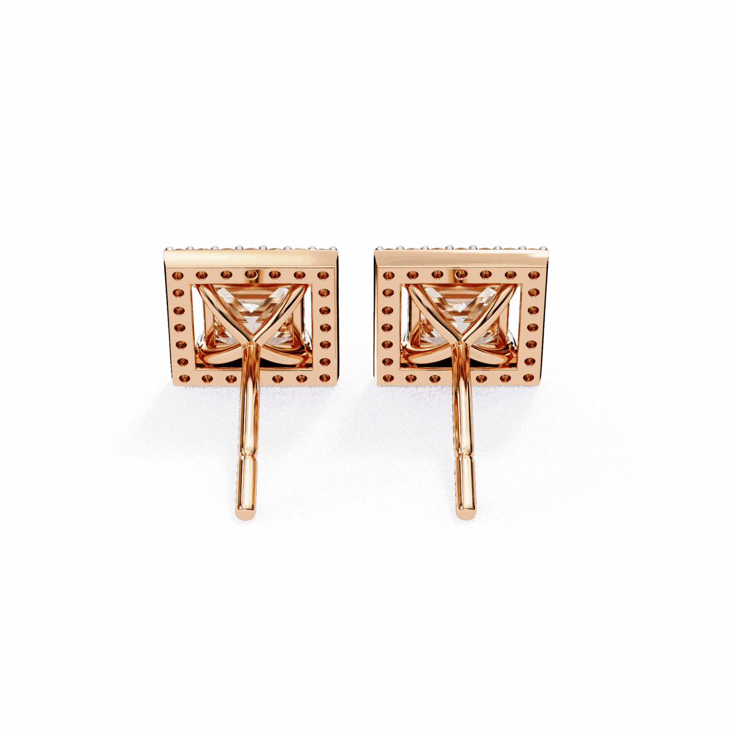 0.8 Carat Princess and Round Halo Stud Earrings in Moissanite | House of Estara
