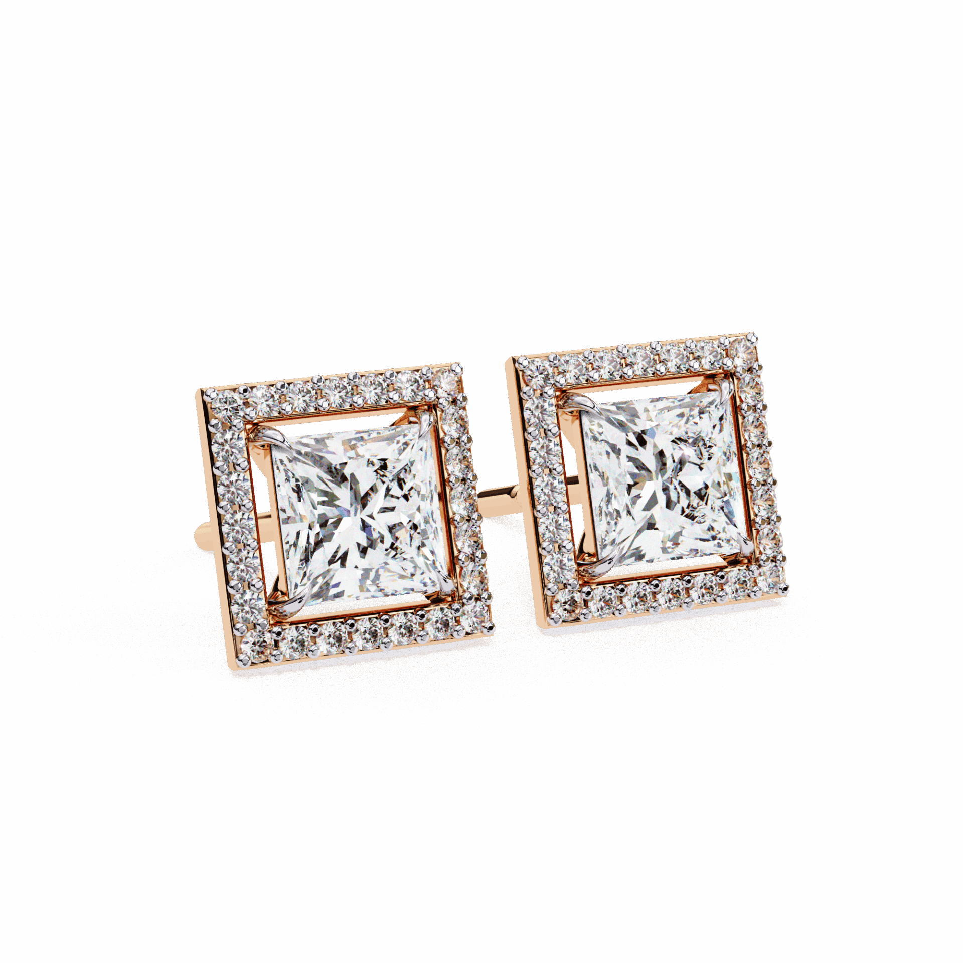 0.8 Carat Princess and Round Halo Stud Earrings in Moissanite | House of Estara