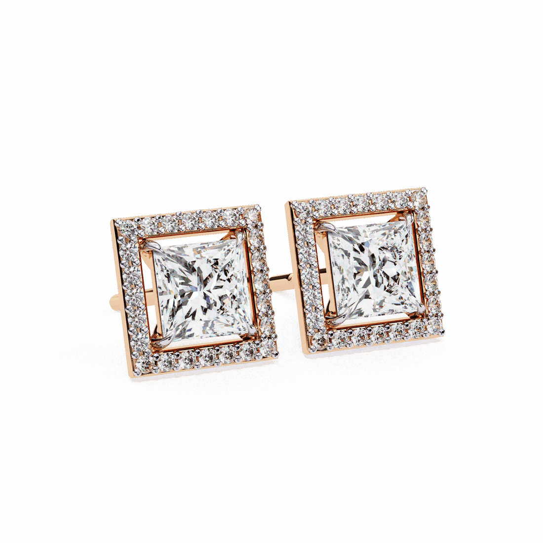 0.8 Carat Princess and Round Halo Stud Earrings in Moissanite | House of Estara