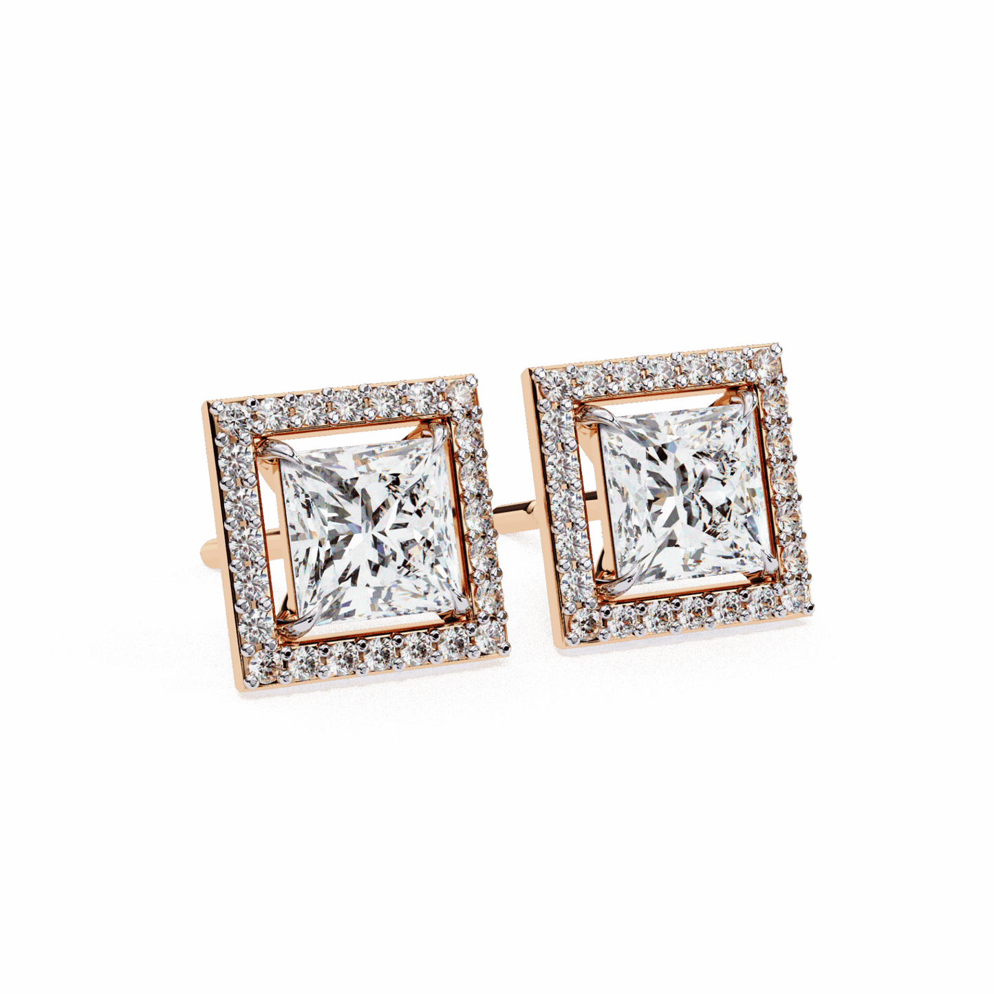 0.8 Carat Princess and Round Halo Stud Earrings in Moissanite | House of Estara