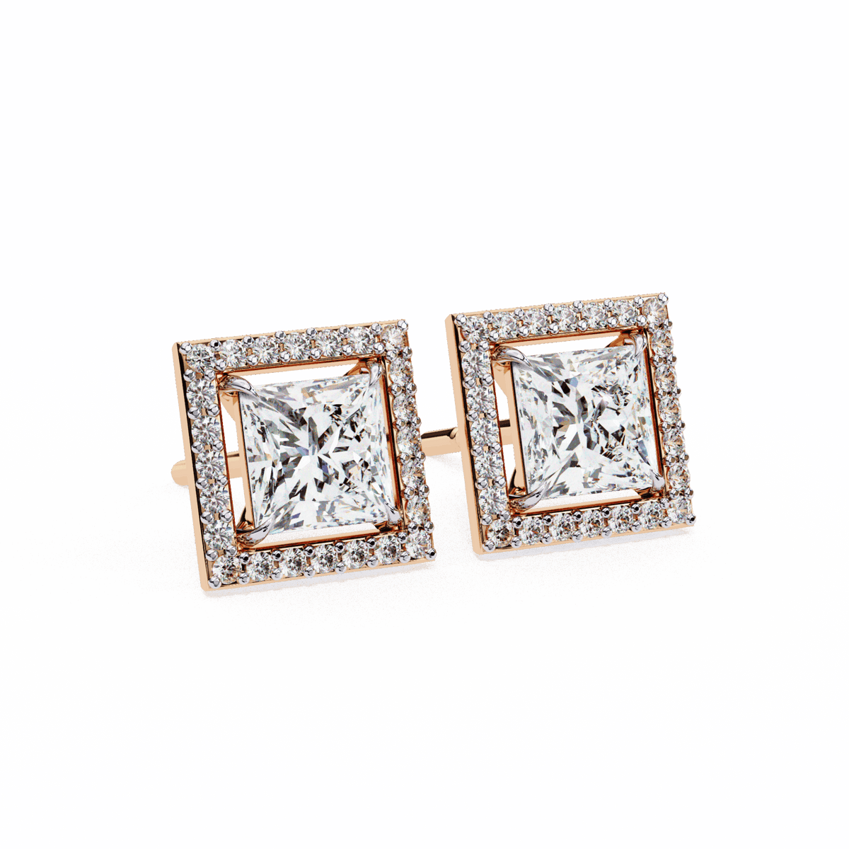 0.8 Carat Princess and Round Halo Stud Earrings in Moissanite | House of Estara