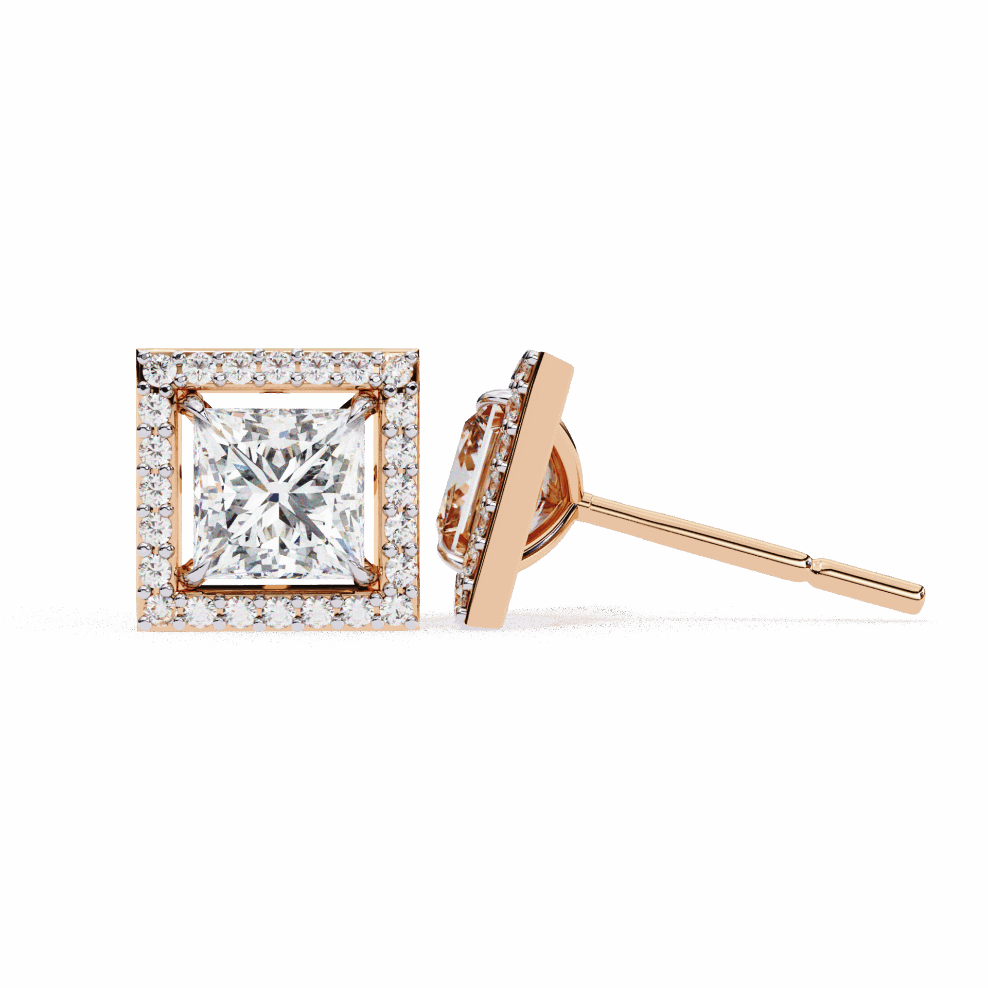 0.8 Carat Princess and Round Halo Stud Earrings in Moissanite | House of Estara