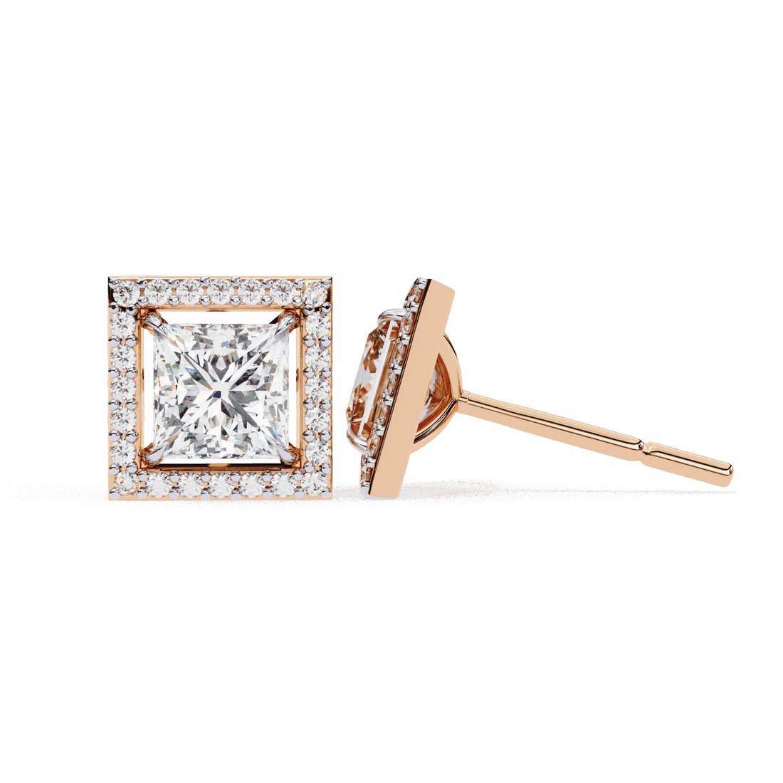 0.8 Carat Princess and Round Halo Stud Earrings in Moissanite | House of Estara