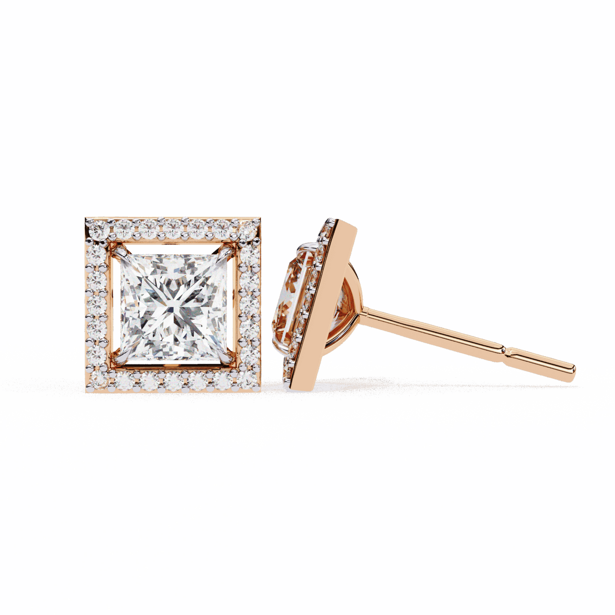 0.8 Carat Princess and Round Halo Stud Earrings in Moissanite | House of Estara