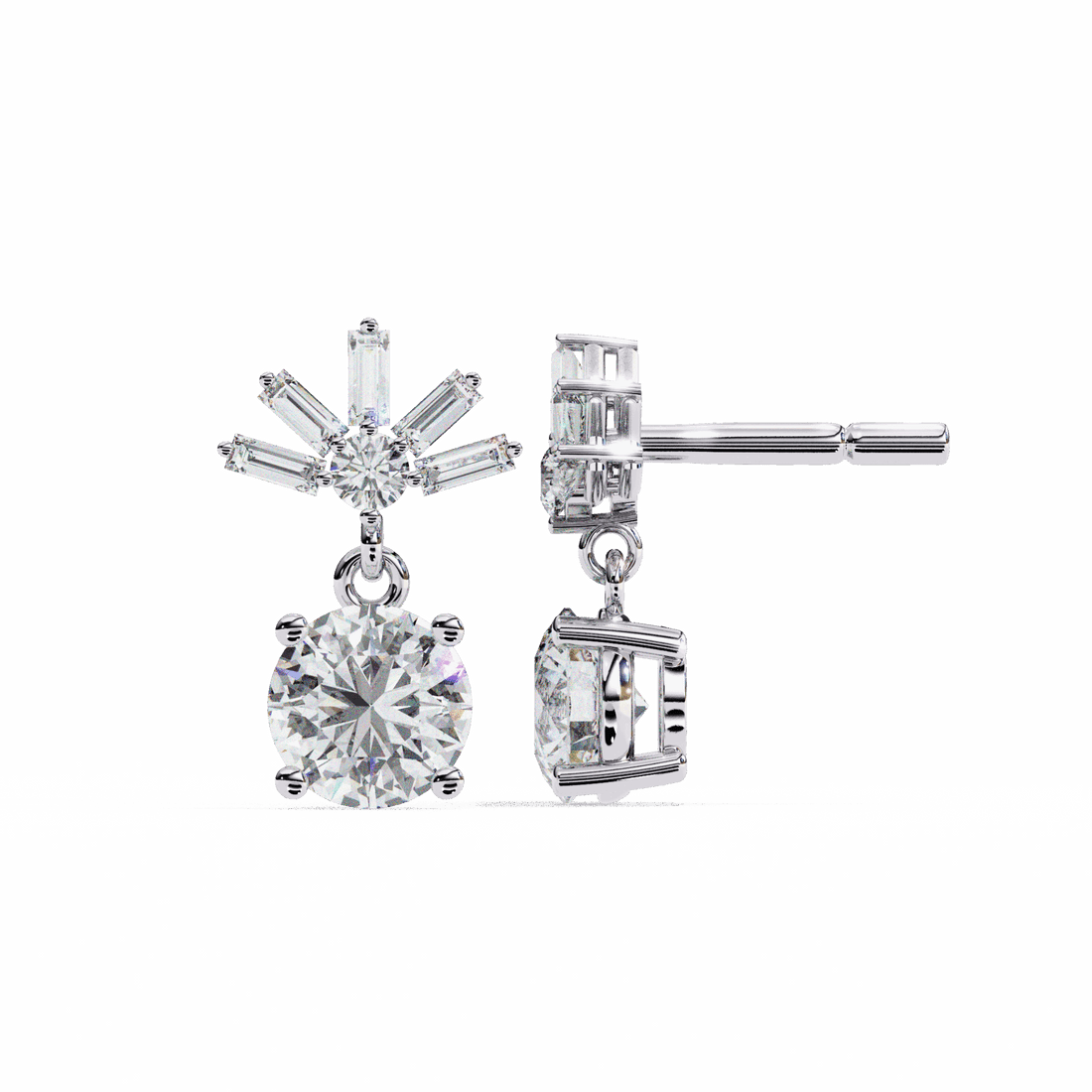 0.9 Carat Baguette & Round Drop Earrings in Moissanite | House of Estara