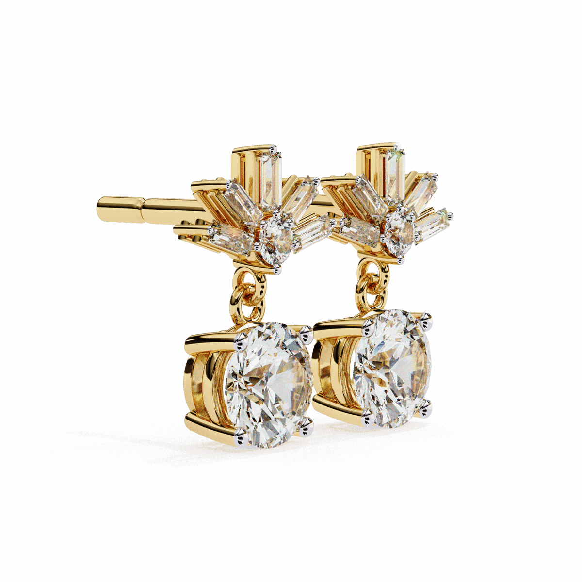 0.9 Carat Baguette & Round Drop Earrings in Moissanite | House of Estara