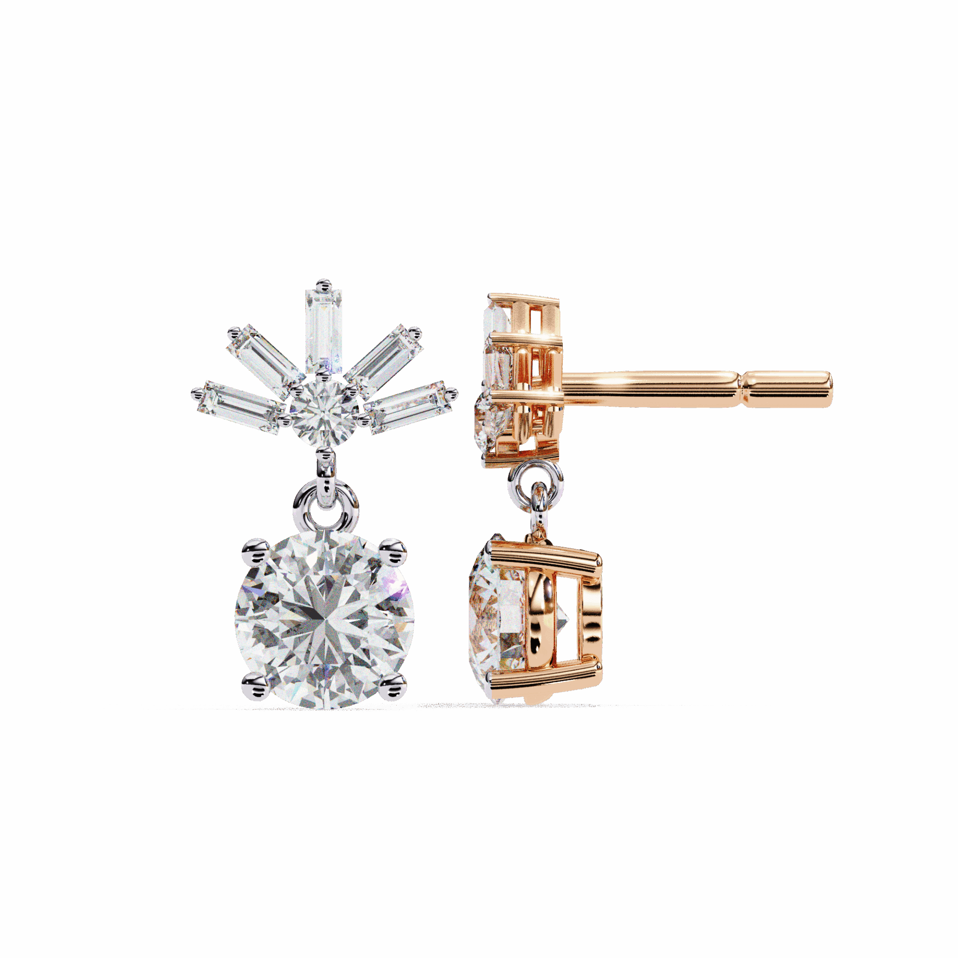0.9 Carat Baguette & Round Drop Earrings in Moissanite | House of Estara