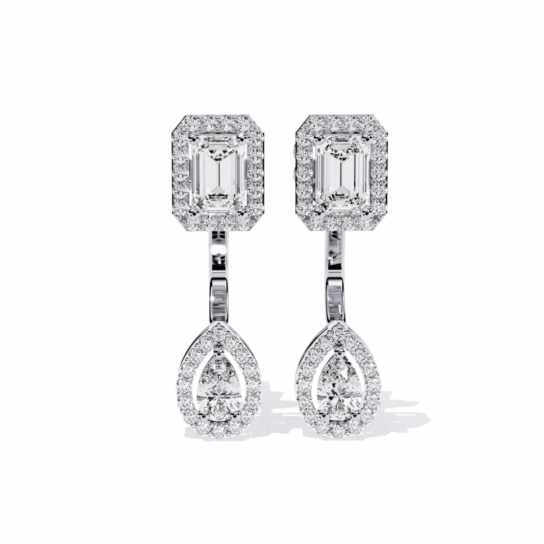 2 Carat Emerald & Pear Halo Drop Earrings in Moissanite | House of Estara