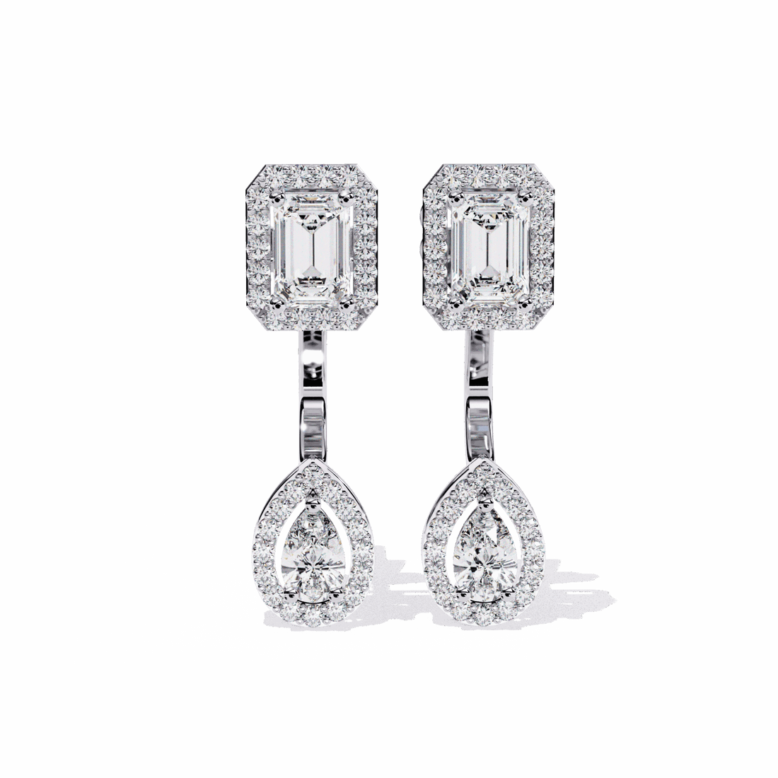 2 Carat Emerald & Pear Halo Drop Earrings in Moissanite | House of Estara