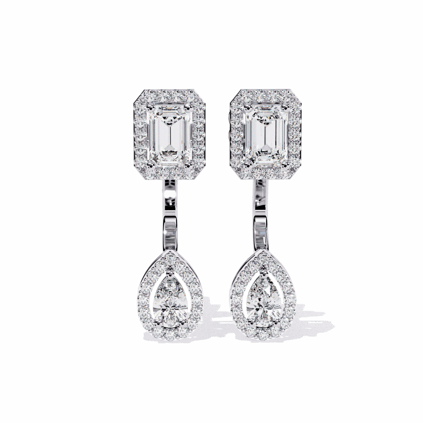 2 Carat Emerald & Pear Halo Drop Earrings in Moissanite | House of Estara