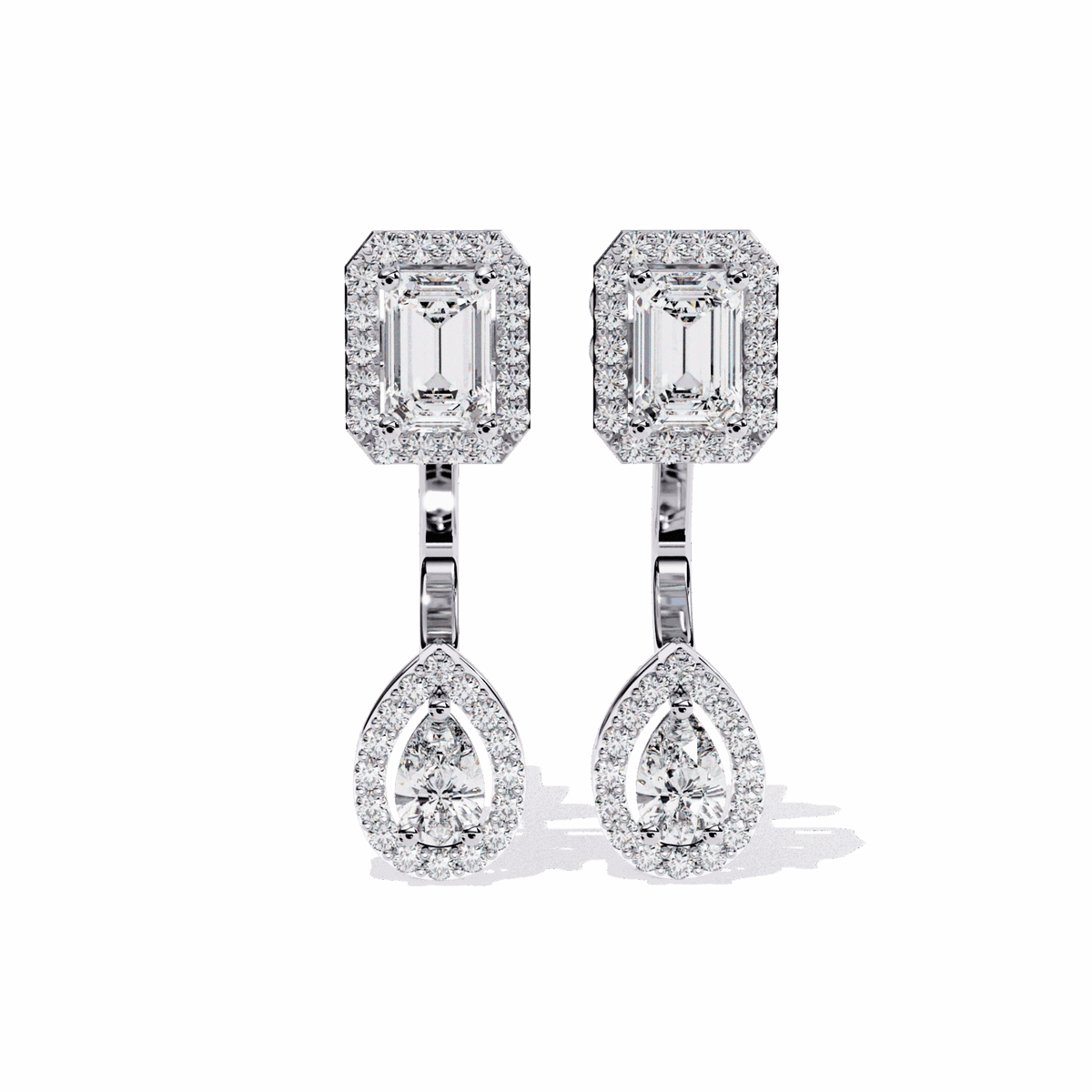 2 Carat Emerald & Pear Halo Drop Earrings in Moissanite | House of Estara