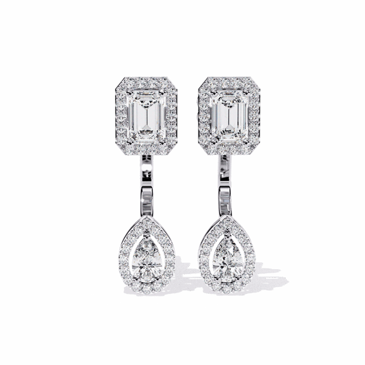 2 Carat Emerald & Pear Halo Drop Earrings in Moissanite | House of Estara