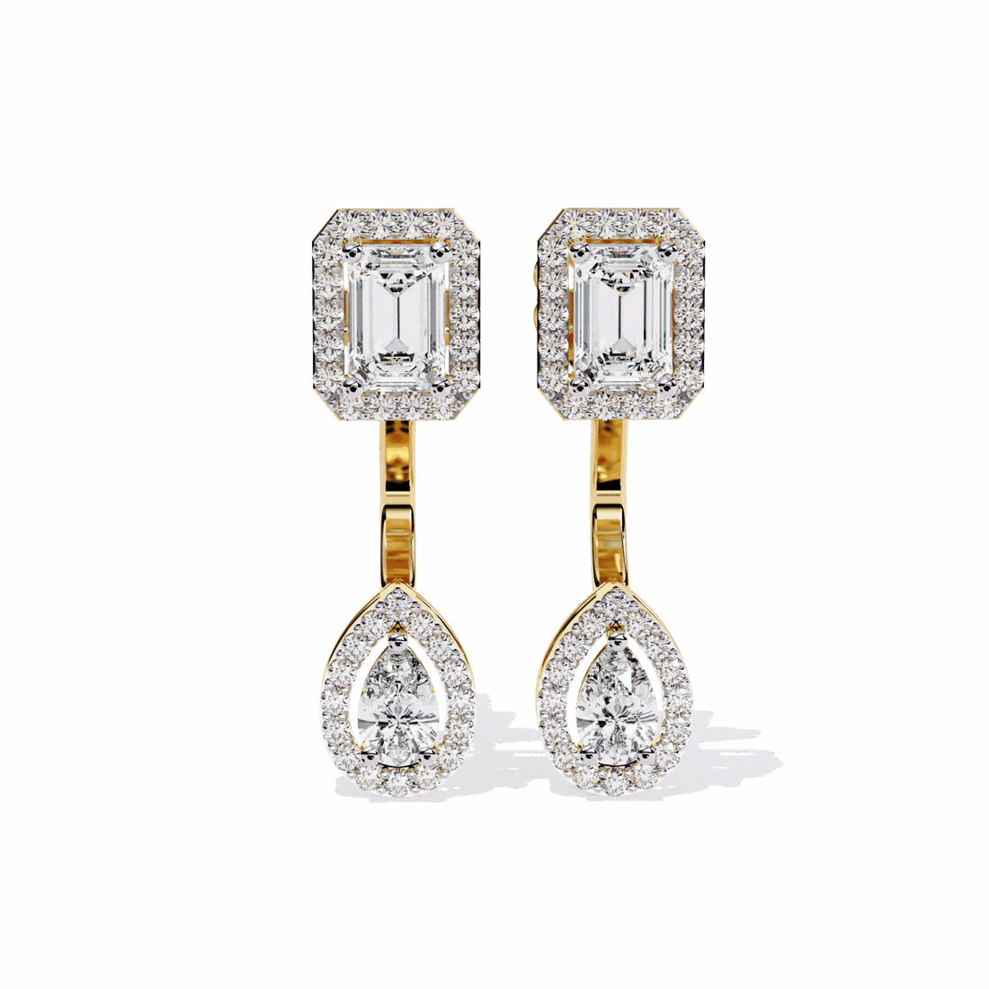 2 Carat Emerald & Pear Halo Drop Earrings in Moissanite | House of Estara