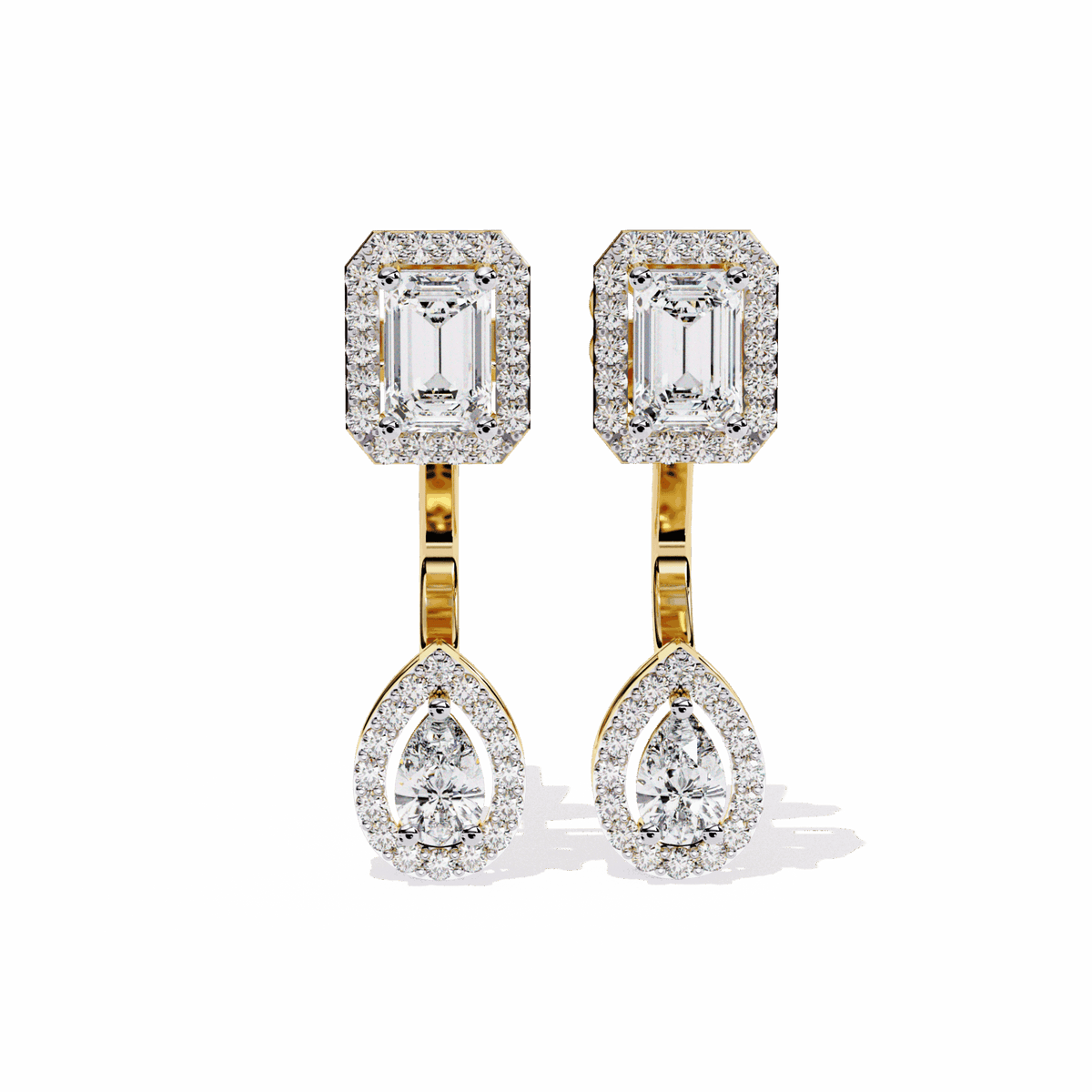 2 Carat Emerald & Pear Halo Drop Earrings in Moissanite | House of Estara