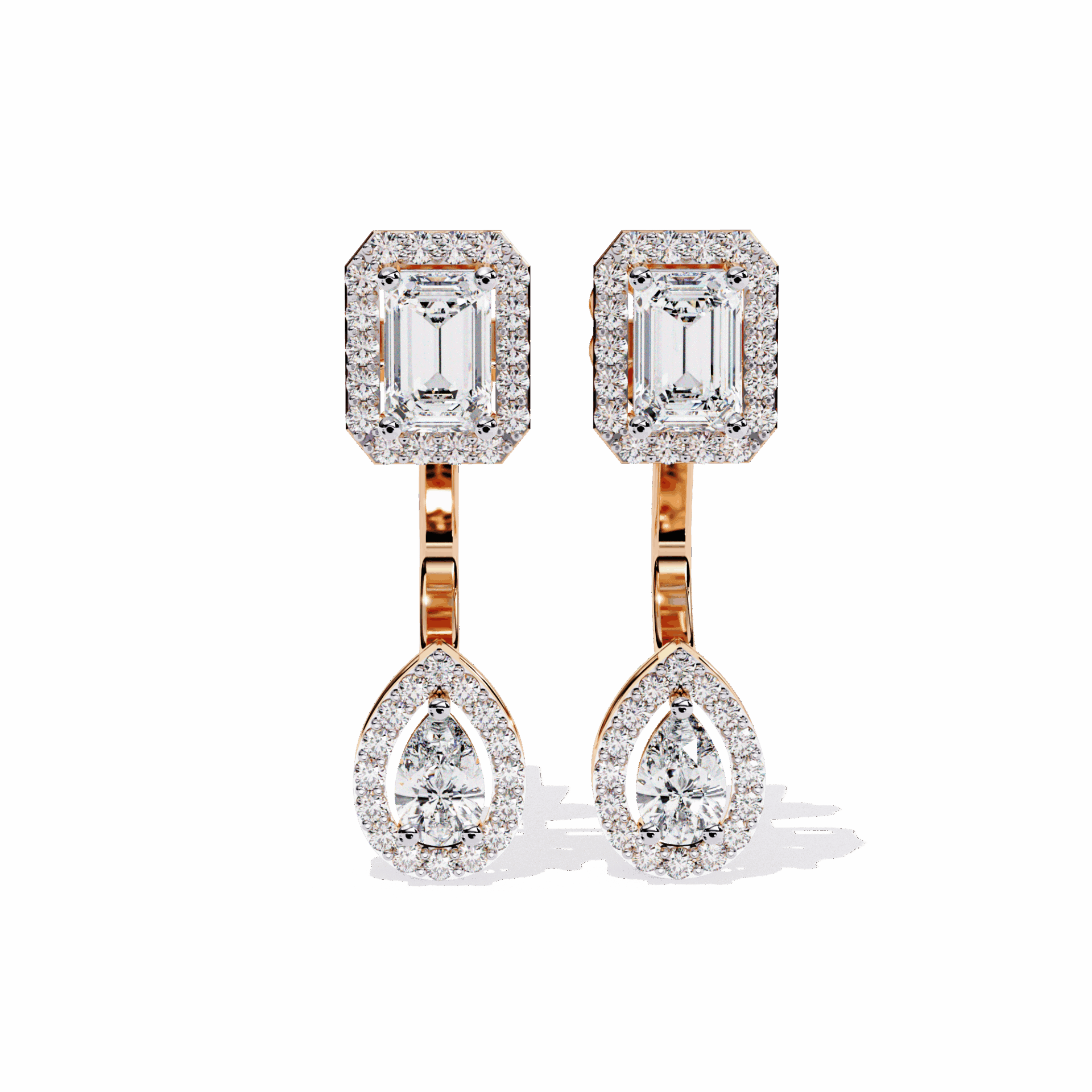 2 Carat Emerald & Pear Halo Drop Earrings in Moissanite | House of Estara