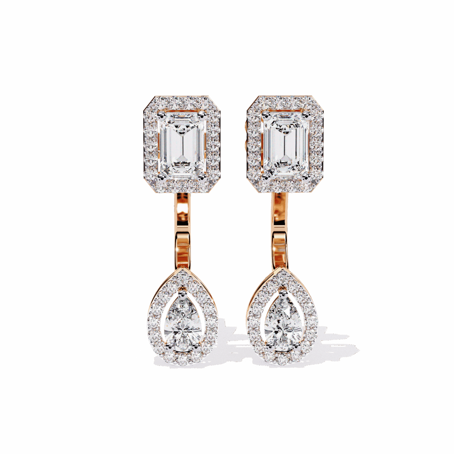 2 Carat Emerald & Pear Halo Drop Earrings in Moissanite | House of Estara