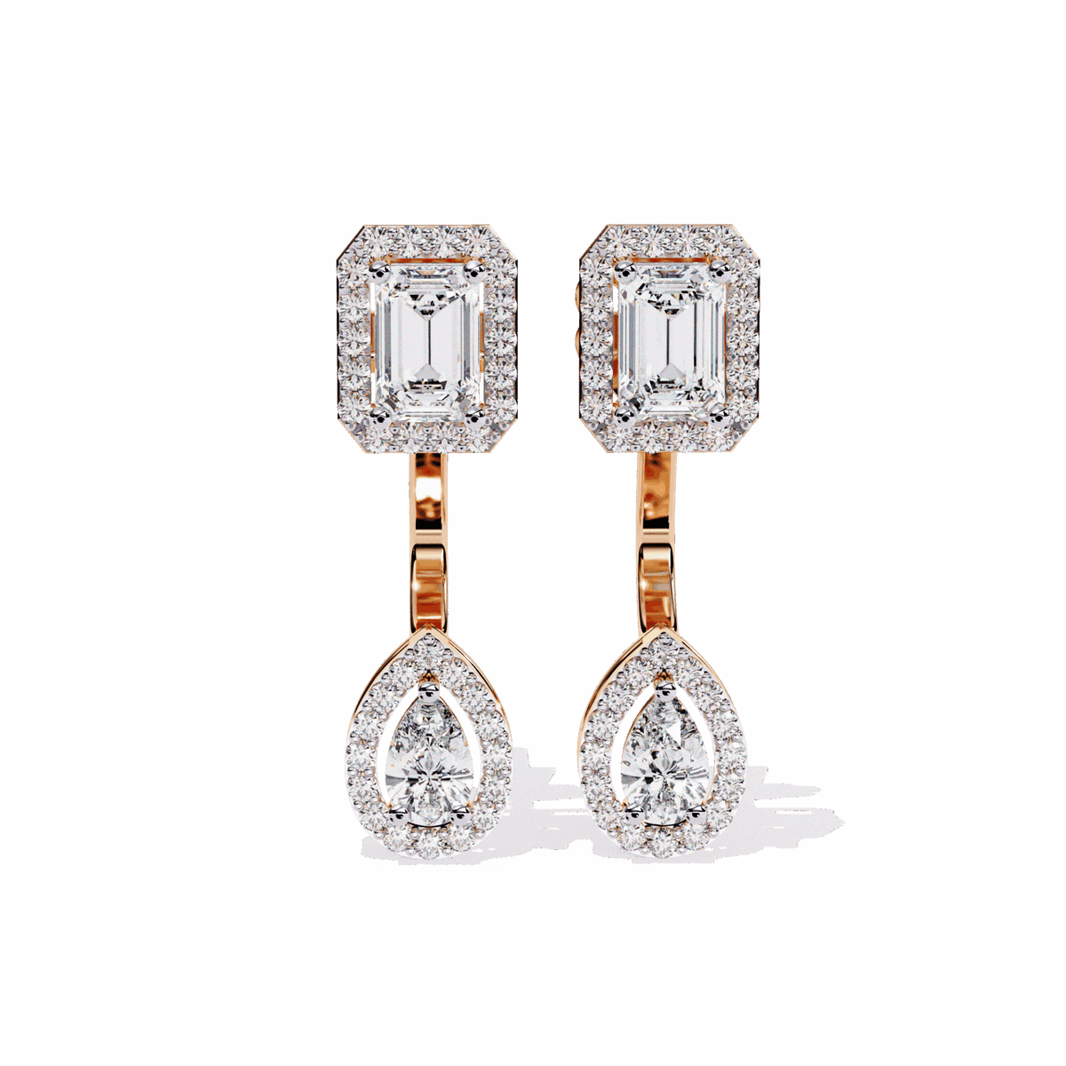 2 Carat Emerald & Pear Halo Drop Earrings in Moissanite | House of Estara