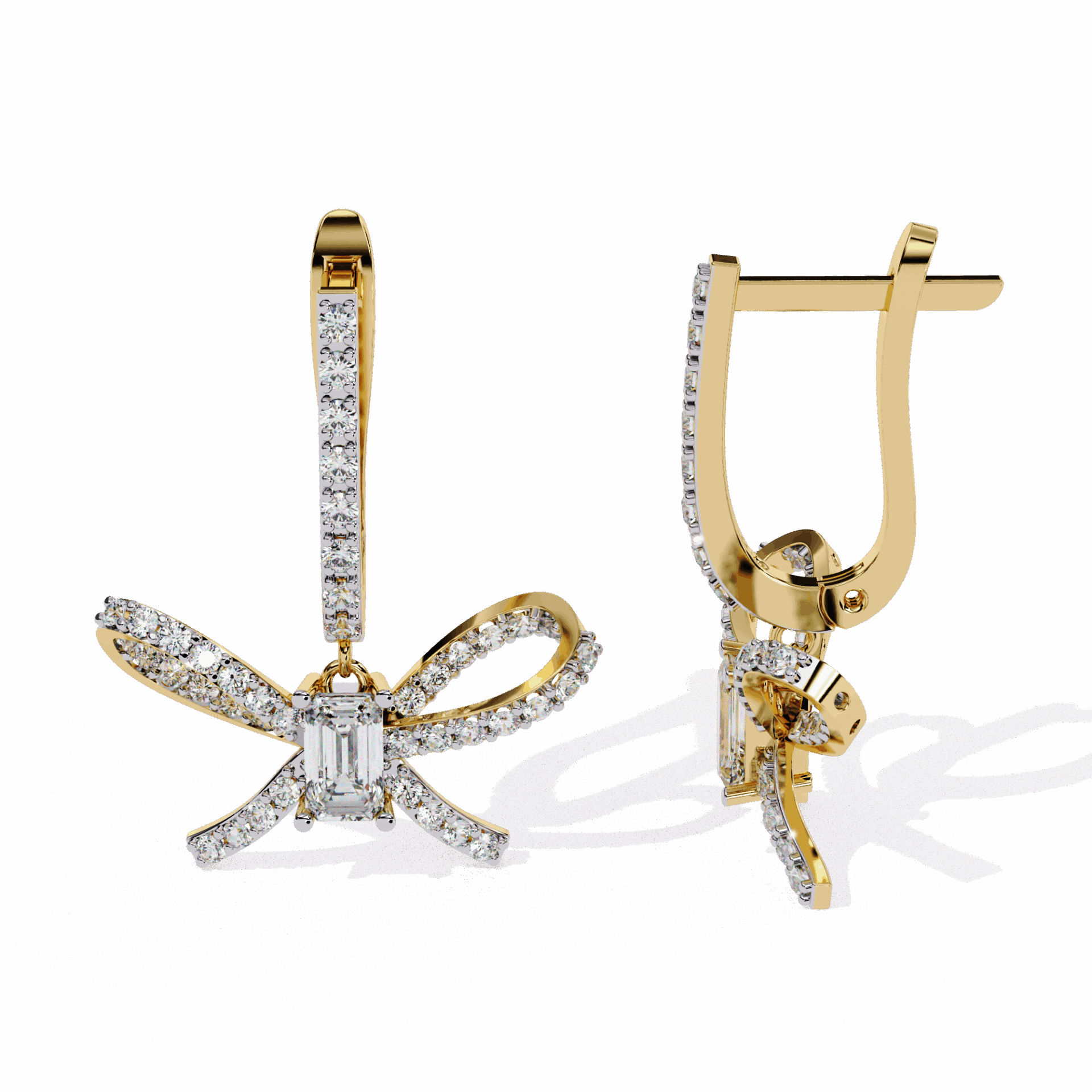 1.25 Carat Ribbon Emerald & Round Dangle Earrings in Moissanite | House of Estara