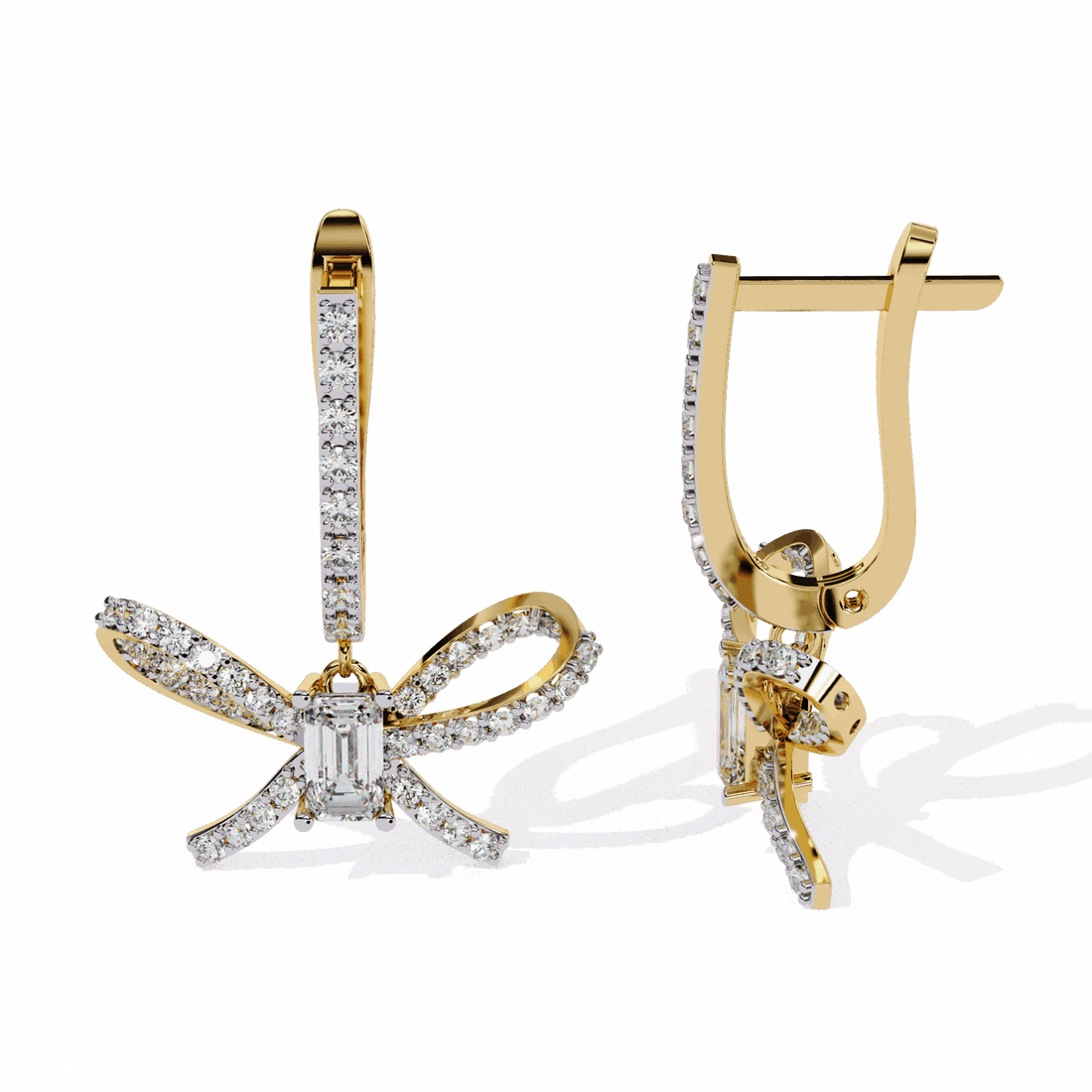 1.25 Carat Ribbon Emerald & Round Dangle Earrings in Moissanite | House of Estara