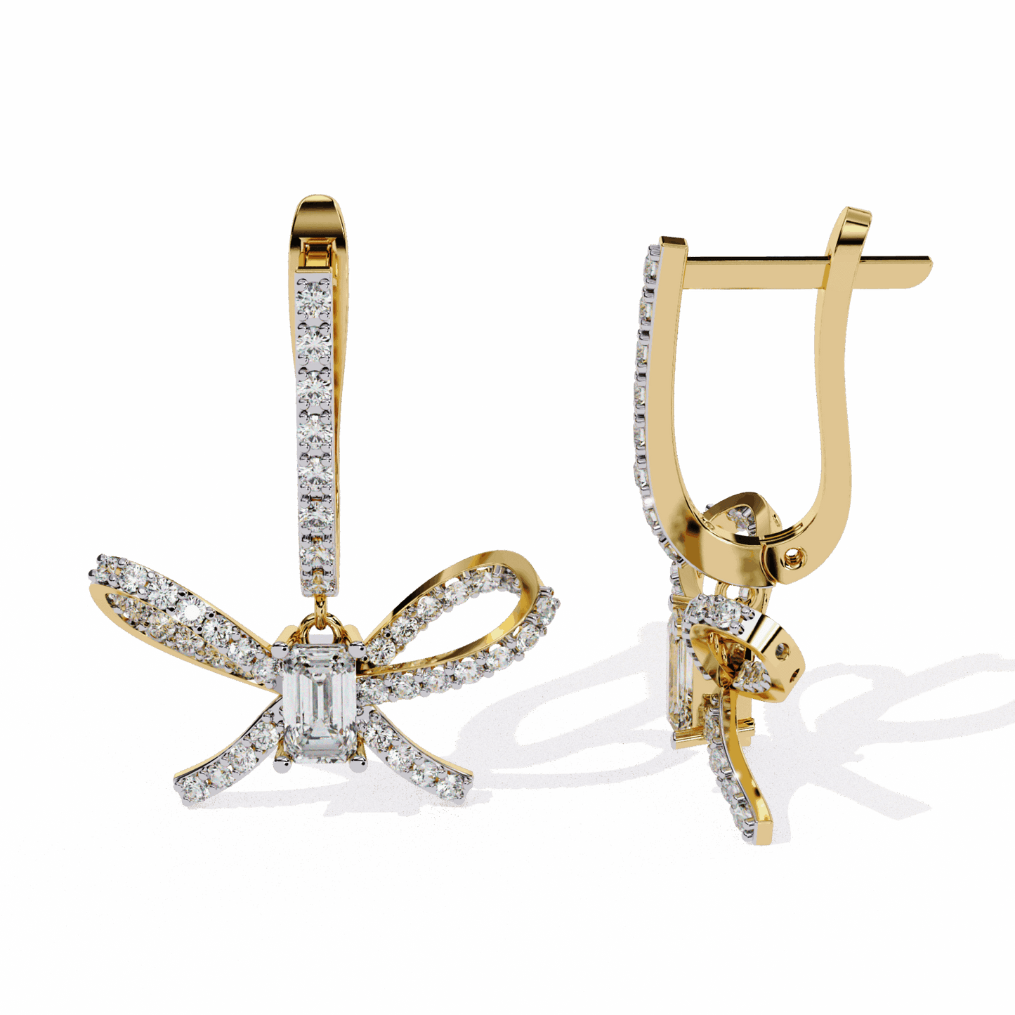 1.25 Carat Ribbon Emerald & Round Dangle Earrings in Moissanite | House of Estara