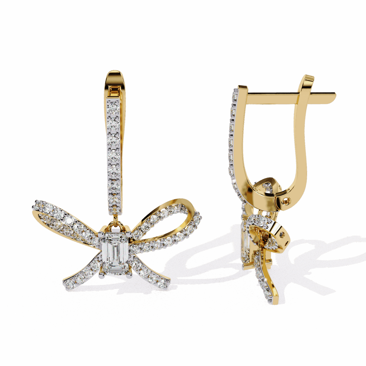 1.25 Carat Ribbon Emerald & Round Dangle Earrings in Moissanite | House of Estara
