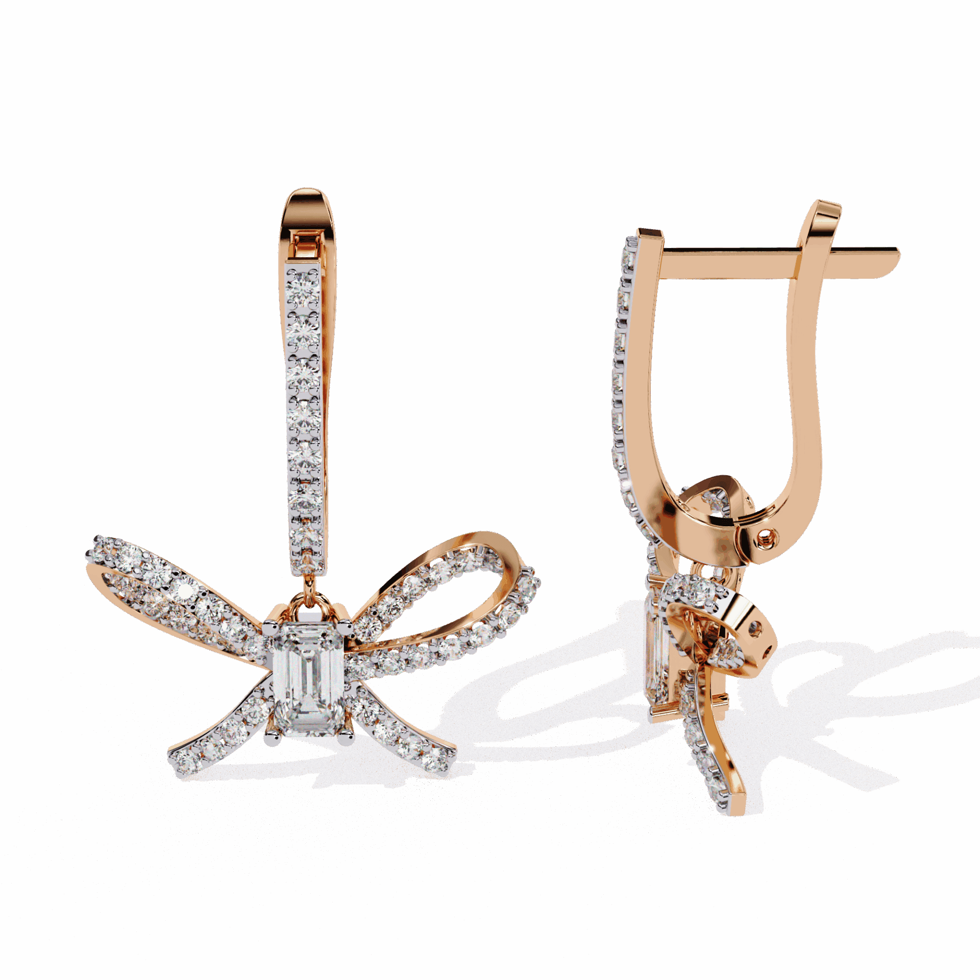 1.25 Carat Ribbon Emerald & Round Dangle Earrings in Moissanite | House of Estara