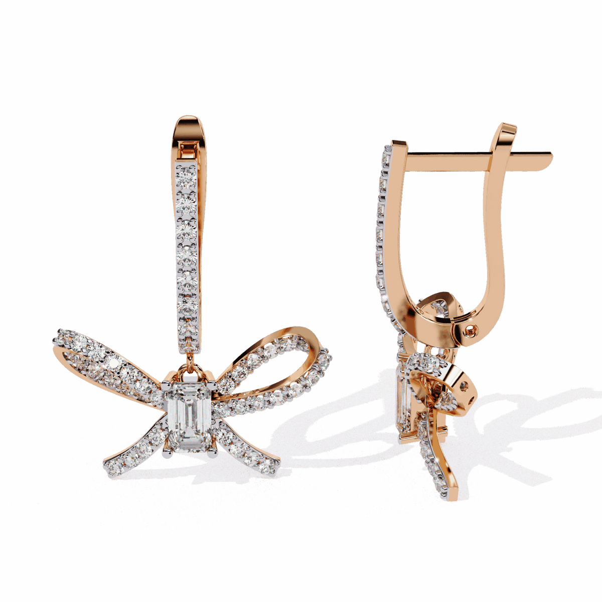 1.25 Carat Ribbon Emerald & Round Dangle Earrings in Moissanite | House of Estara