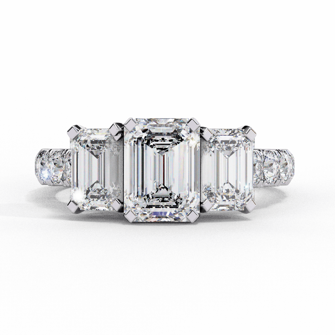 3 Carat Emerald Three Stone Solitaire Ring in Moissanite | House of Estara
