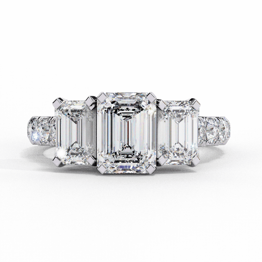 3 Carat Emerald Three Stone Solitaire Ring in Moissanite | House of Estara