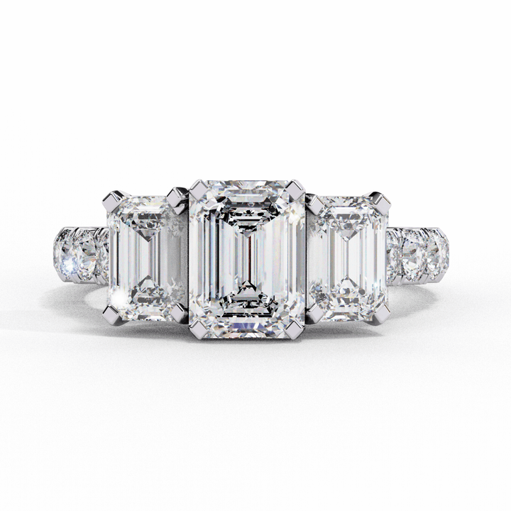 3 Carat Emerald Three Stone Solitaire Ring in Moissanite | House of Estara