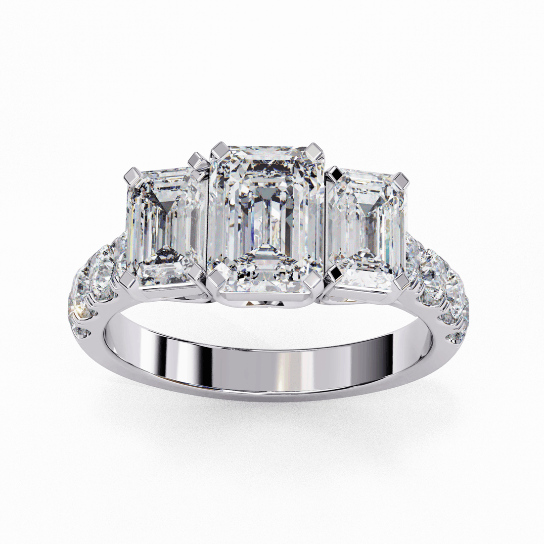 3 Carat Emerald Three Stone Solitaire Ring in Moissanite | House of Estara