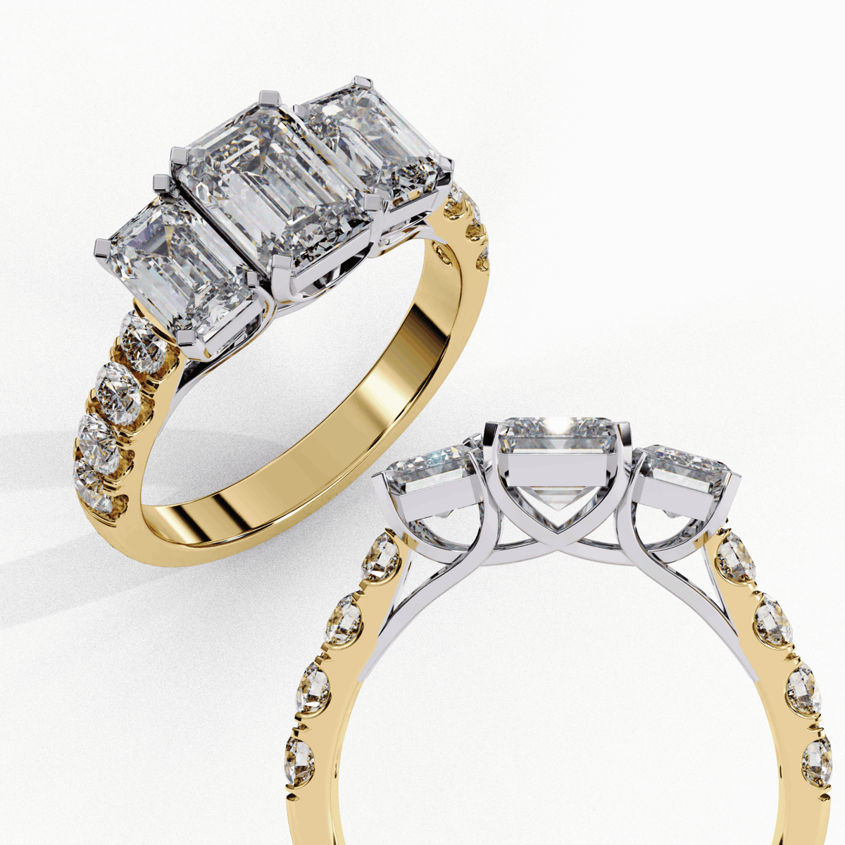 3 Carat Emerald Three Stone Solitaire Ring in Moissanite | House of Estara