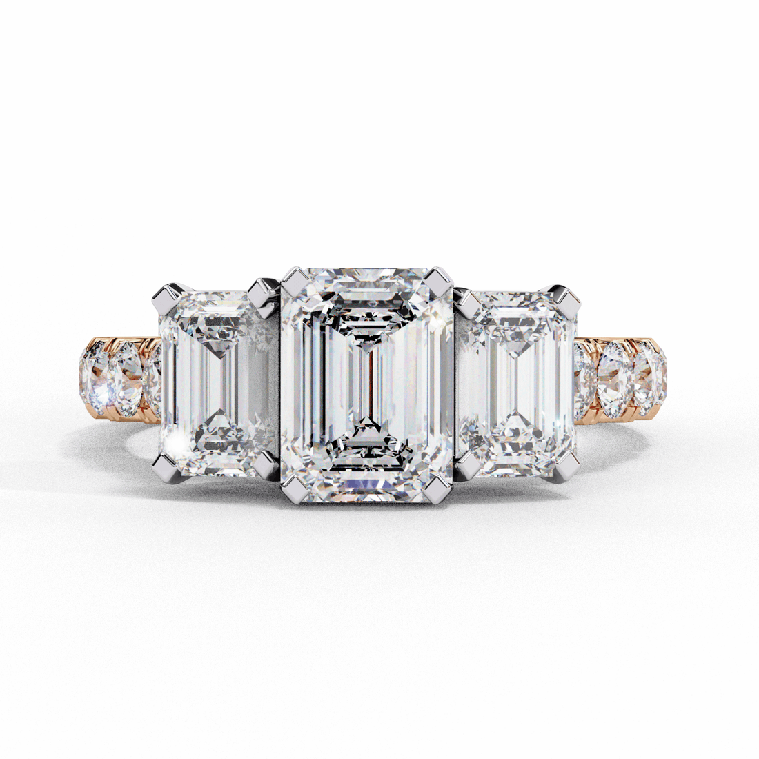 3 Carat Emerald Three Stone Solitaire Ring in Moissanite | House of Estara