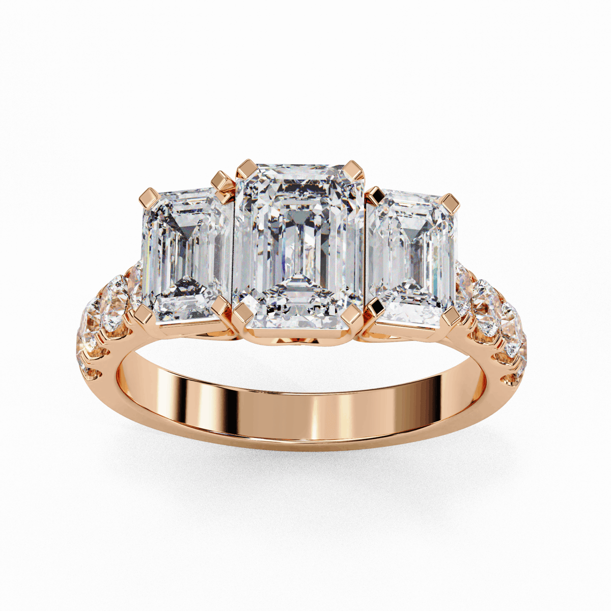 3 Carat Emerald Three Stone Solitaire Ring in Moissanite | House of Estara