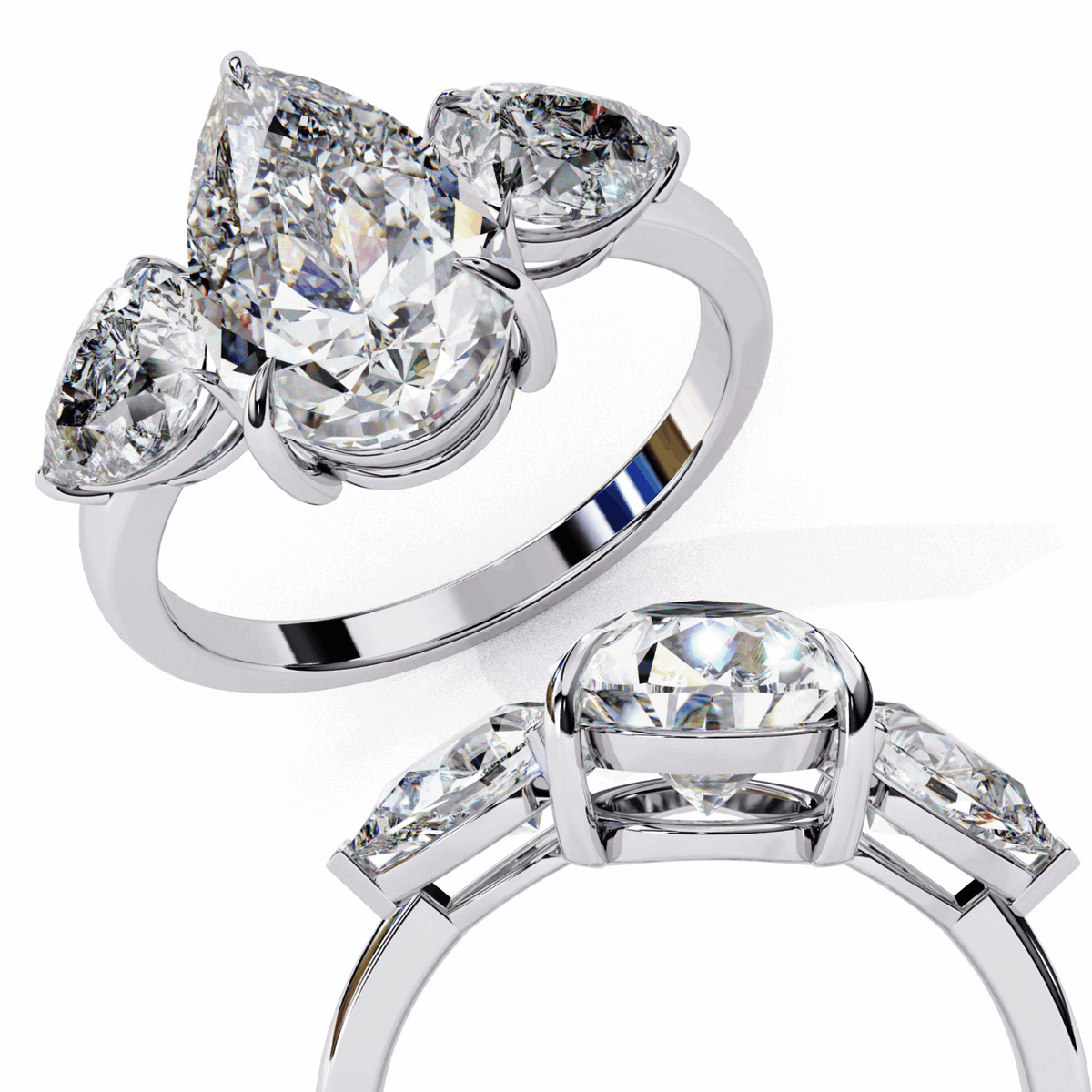 3 Carat Pear Three Stone Solitaire Ring in Moissanite | House of Estara