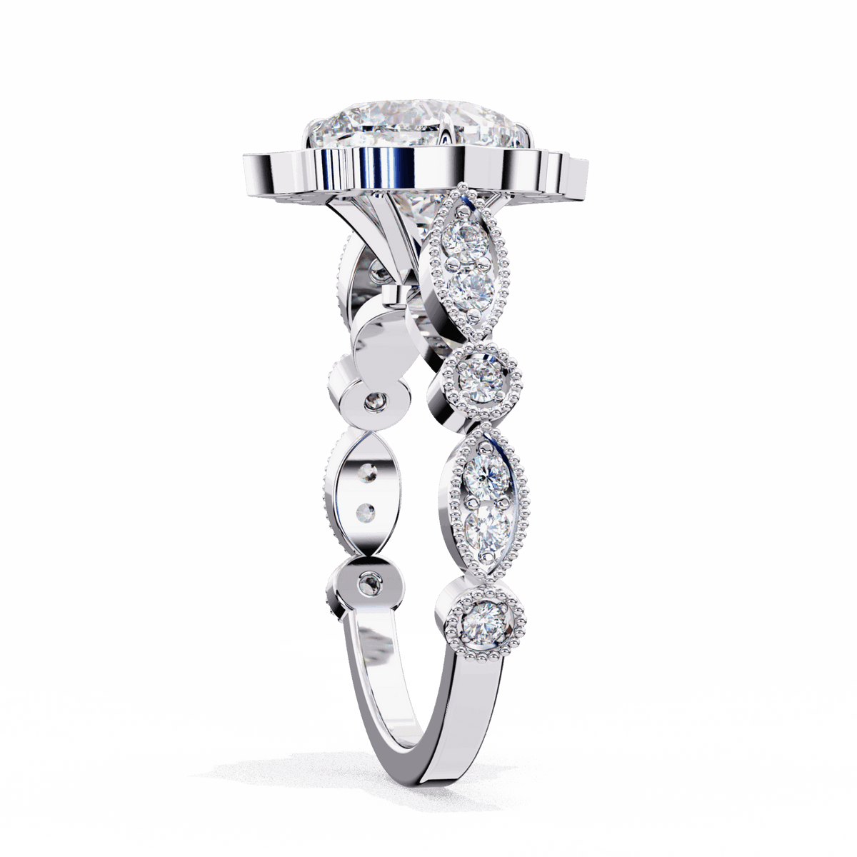 2.5 Carat Cushion Side Stone Solitaire Ring in Moissanite | House of Estara