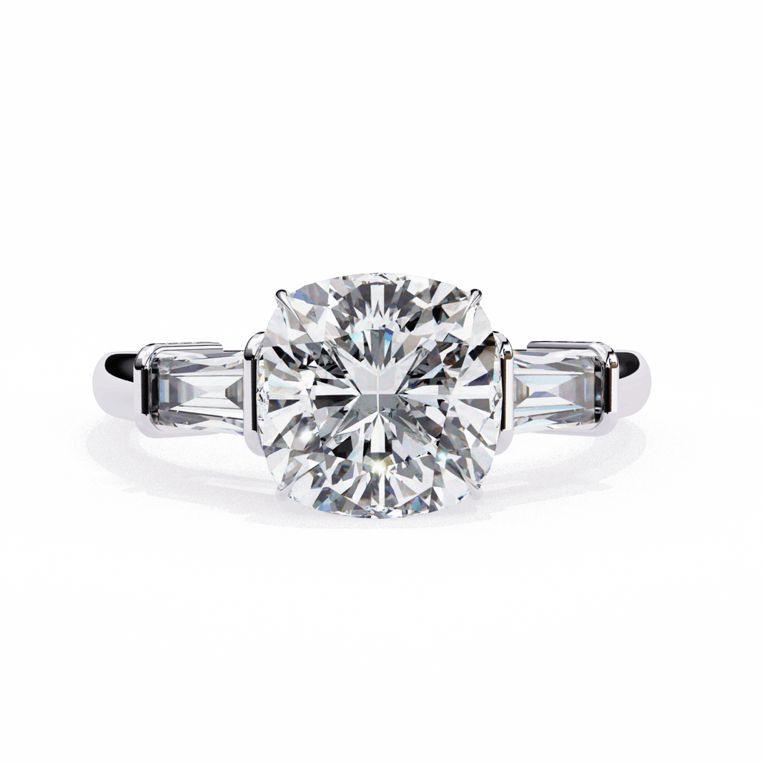 3.75 Carat Cushion and Baguette Edit Solitaire Ring in Moissanite | House of Estara