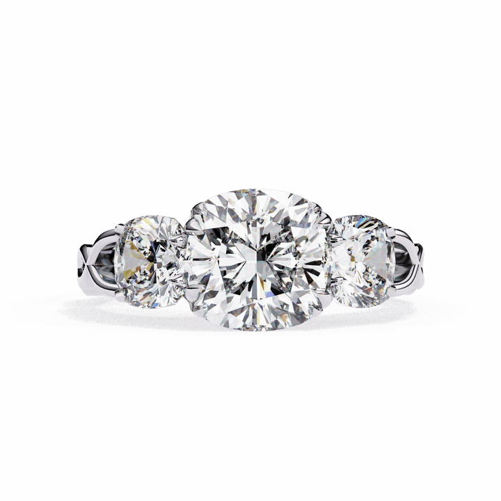3.5 Carat Cushion Three Stone Solitaire Ring in Moissanite | House of Estara